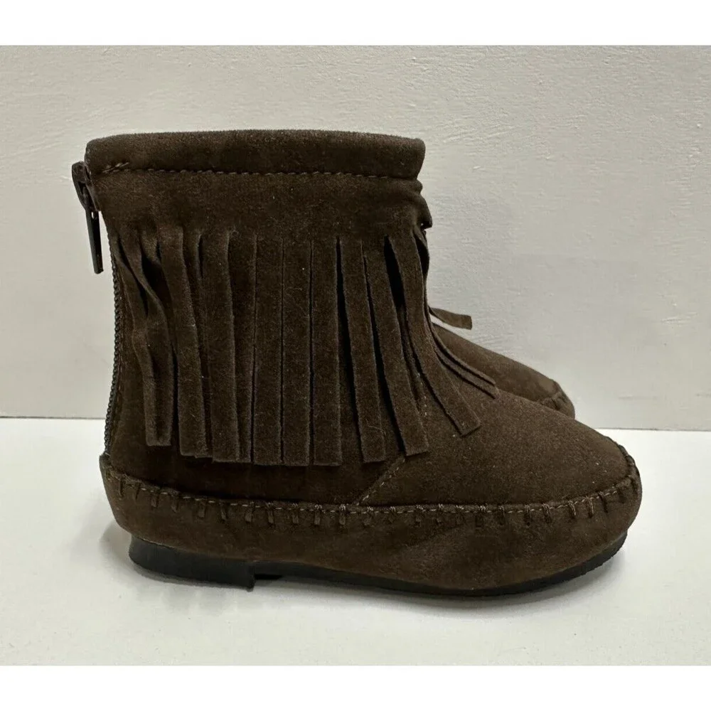 The Doll Maker girl toddler sz 5 fringe brown faux suede zipper flat ankle boots